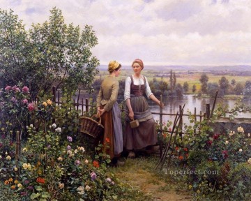  countrywoman Painting - Maria and Madeleine on the Terrace countrywoman Daniel Ridgway Knight Flowers